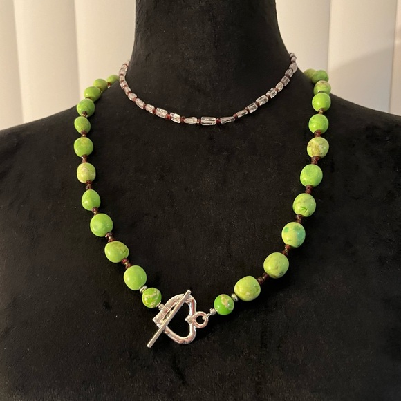 Green Turquoise Silver Heart Toggle Necklace + Clear Quartz-Garnet Necklace - Picture 6 of 7
